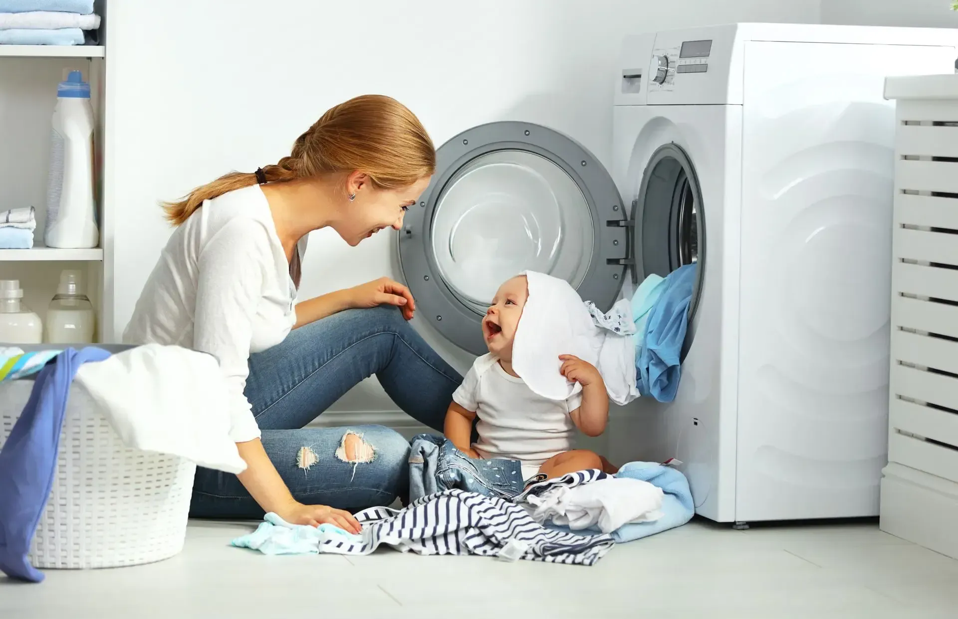 Water Softener Hero - Baby and Mom doing Laundry