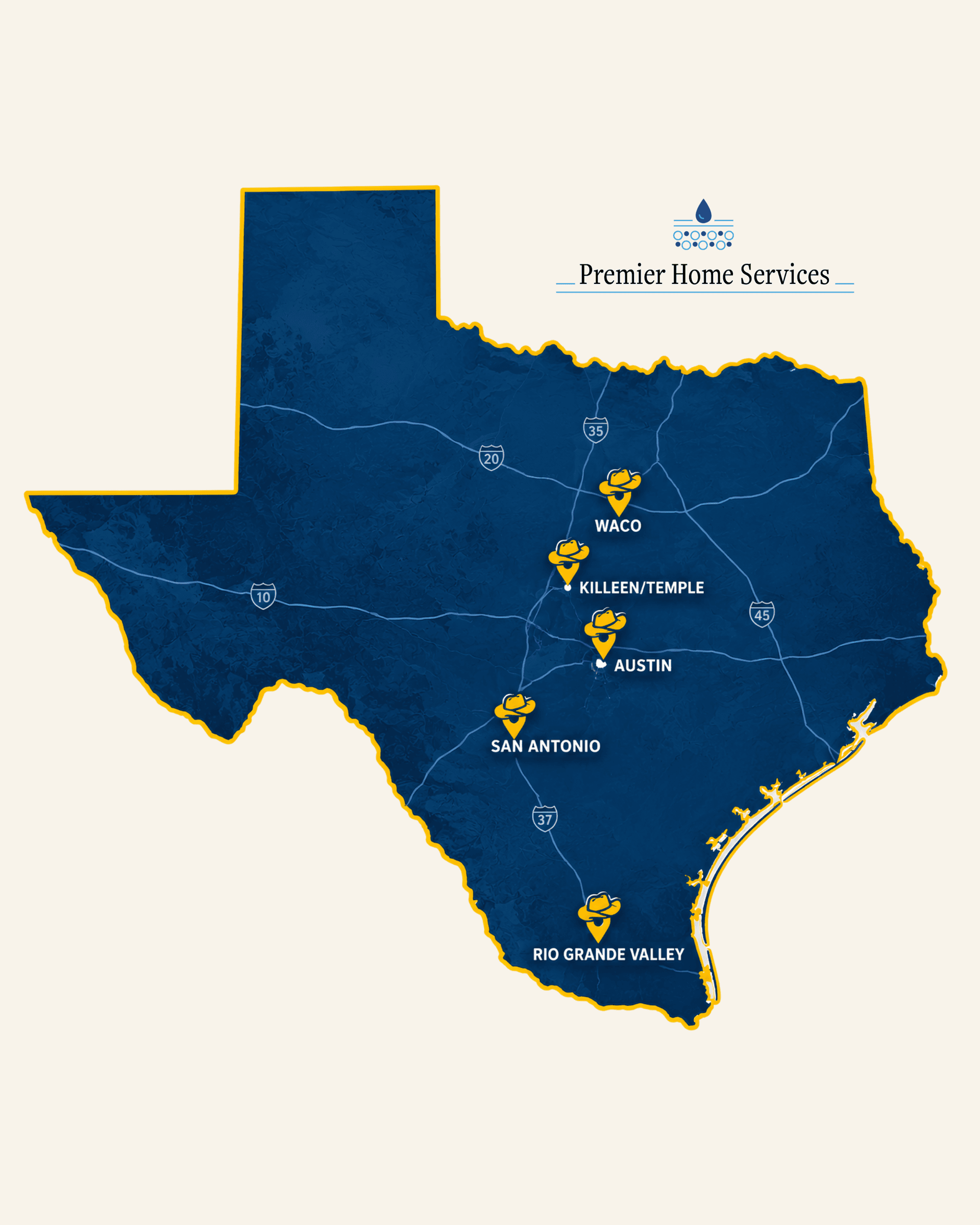Texas map with service areas and pins